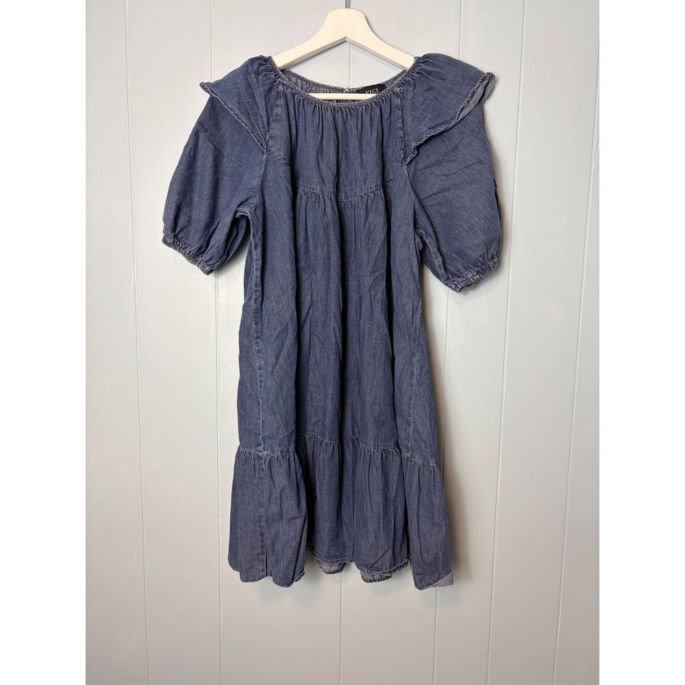 VICI Blue Denim Babydoll Tiered Mini Dress Ruffle Puff Sleeve Cotton Large